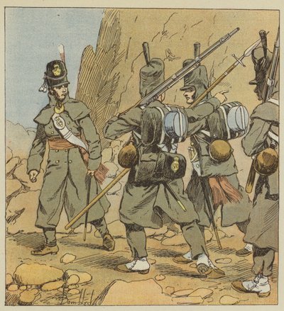 Angielscy żołnierze 1. Pułku Gwardii Pieszej w stroju drogowym, Hiszpania, 1814 r. autorstwa after Louis Charles Bombled