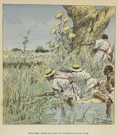 Harcownicy Hova atakują robotników drogowych autorstwa after Louis Charles Bombled