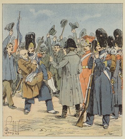 Grenadier z wyspy Elba przyprowadza do Napoleona swego niegenerującego ojca, niosąc go na rękach autorstwa after Louis Charles Bombled