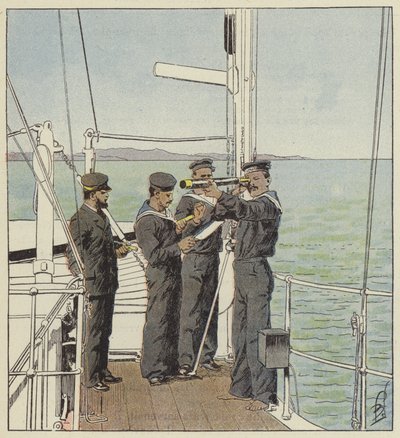 Japońscy obserwatorzy obserwujący flotę Port-Arthur autorstwa after Louis Charles Bombled