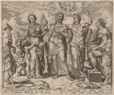 Człowiek wspomagany wiarą, nadzieją i miłością autorstwa after Maerten van Heemskerck