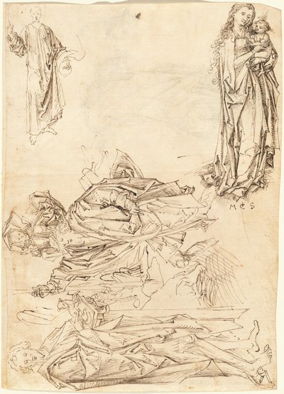 Św. Krzysztof, Św. Jan Chrzciciel, Dziewica z Dzieciątkiem i Chrystus Błogosławieństwo (recto) autorstwa after Martin Schongauer Master of the Drapery Studies