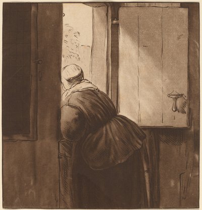 Kobieta pochylająca się nad dolnymi drzwiami autorstwa after Nicolaes Maes Cornelis Ploos van Amstel