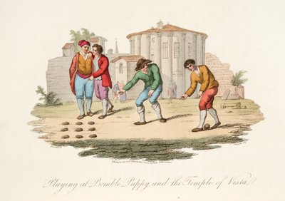 Zabawa w Bomble Puppy i Świątynia Vest, z Italian Scenery, reprezentujących maniery, zwyczaje i rozrywki różnych stanów Włoch, pub. 1806 (rycina ręcznie kolorowana) autorstwa after P. van Lerberghi