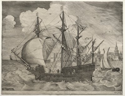 Żaglowce: uzbrojony czteromasztowiec wypływa na morze autorstwa after Pieter Bruegel