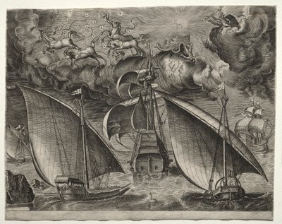 Żaglowce: dwie galery płynące za uzbrojonym trójmistrzem z Faetonem i Jowiszem na niebie autorstwa after Pieter Bruegel