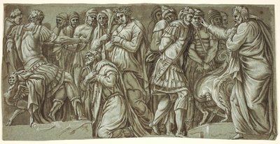 Rodzina Dariusza przed Aleksandrem i scena z więźniami; z fasady Palazzo Milesi autorstwa after Polidoro da Caravaggio