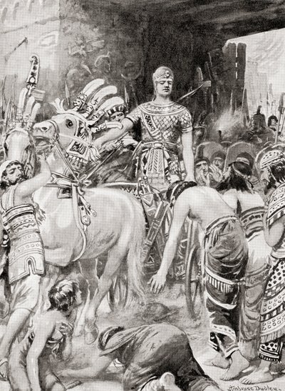 Psamtik I Egiptu wjeżdżający do miasta Azotus lub Aszdod, z Historii Narodów Hutchinsonów, wyd. 1915 autorstwa after Robert Dudley