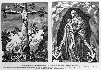 Wprowadzenie chrześcijaństwa wśród Indian z osiedli River Plate, reprodukowane z dOvadlies Historia Relatione del Regno de Cile, wyd. w 1646 r. z Romansu nad rzeką Plate, t. i autorstwa Spanish School