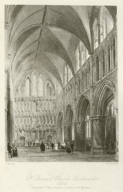 Kościół St Saviors, Southwark, 1850, starożytnie St Mary Overyes, patrząc na południowy wschód autorstwa after Thomas Allom