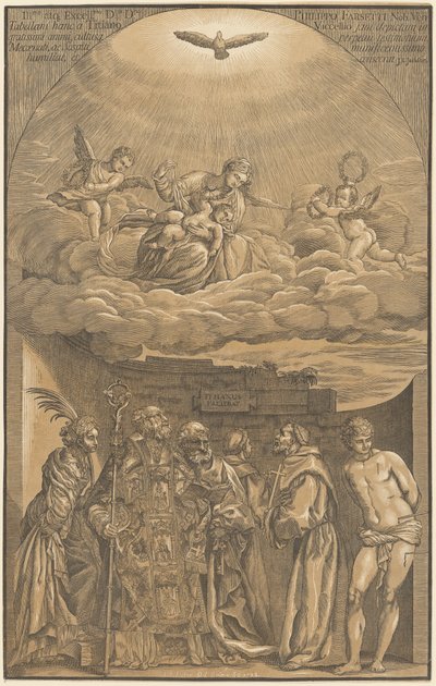 Dziewica z Dzieciątkiem w chmurach z sześcioma świętymi autorstwa after Titian John Baptist Jackson