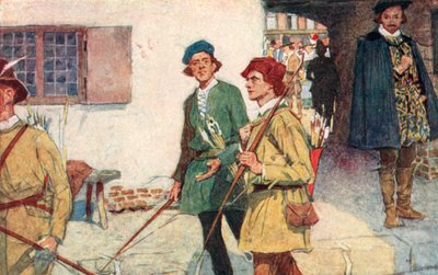 Szekspir widzi grupę uczniów z łukami i strzałami idących na pole łucznicze w Moorfields w Londynie autorstwa after William Hatherell