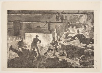 Kwatery zimowe w obozie – wnętrze chaty autorstwa Winslow Homer