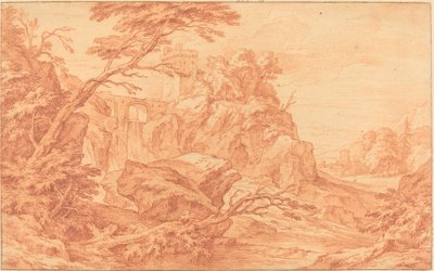 Skalisty krajobraz z kamienną wieżą i wodospadem autorstwa attributed to Adriaen Frans Boudewyns