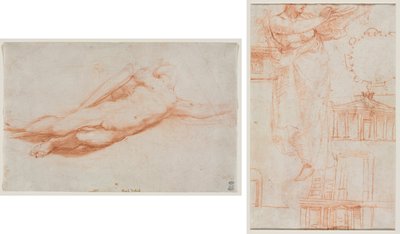 Studium poległego żołnierza (prawdopodobnie nawrócenie Saula) (recto); Udrapowana postać kobieca (prawdopodobnie Amazonka) i studia architektoniczne (verso) autorstwa attributed to Correggio