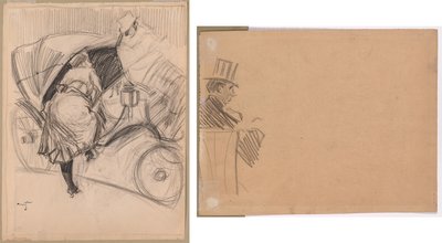 Kobieta wchodząca do fiakry (recto); Właściwy profil mężczyzny noszącego wysoki kapelusz (verso) autorstwa attributed to Jean Louis Forain