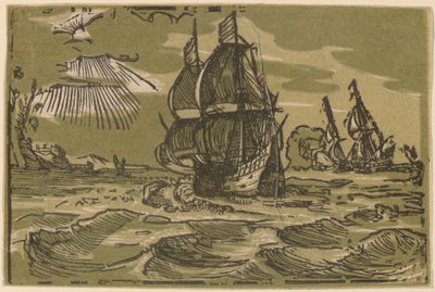 Dwa statki z trzema kapitanami przy linii brzegowej autorstwa attributed to workshop of Willem Jansz. Blaeu