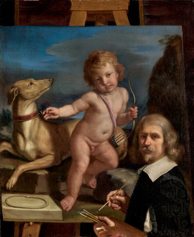 Autoportret przed obrazem „Amor Fedele” autorstwa called Guercino Giovanni Francesco Barbieri