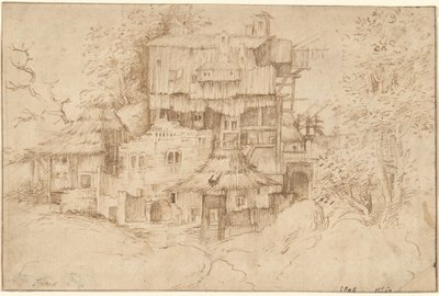 Kompleks rustykalnych domów zbudowanych na ruinach autorstwa circle of Giorgione