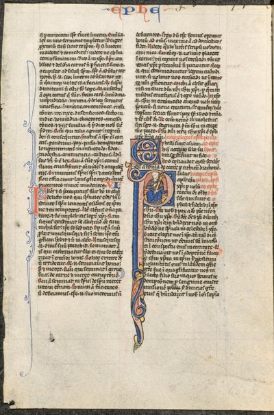 Kartka z Biblii łacińskiej: Inicjał P ze św. Pawłem trzymającym miecz (List św. Pawła do Efezjan) autorstwa circle or workshop of Johannes Grusch Atelier
