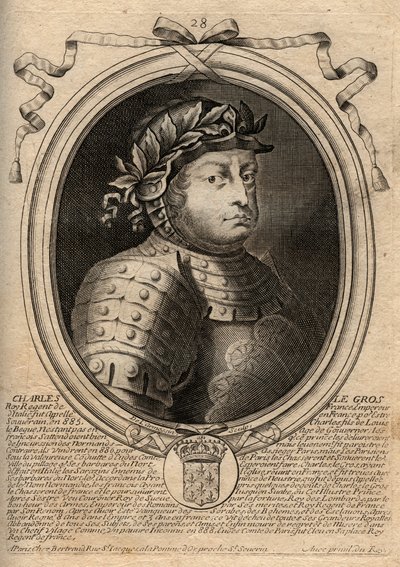 Dynastia Karolingów: Portret Karola III Le Gros (839-888) Król Franków - Karol III Gruby - rycina z 