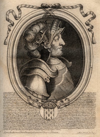 Portret Childeryka II, króla franków od 670 do 673 - CHILDERIC II 655-675 Król merowingów Francji i Austrazji - rycina z 