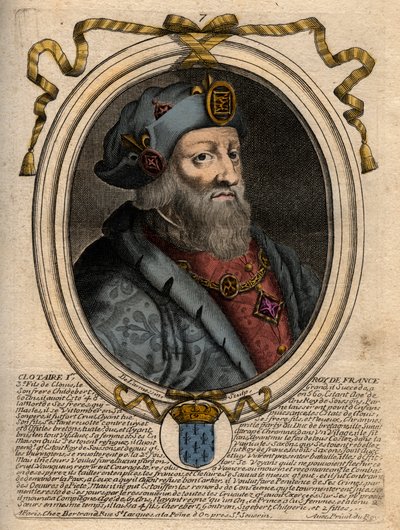 Portret Clotaire (Clothaire) I (497-561), króla Neustrii i króla Franków - Clothar I, King of the Franks - rycina z 