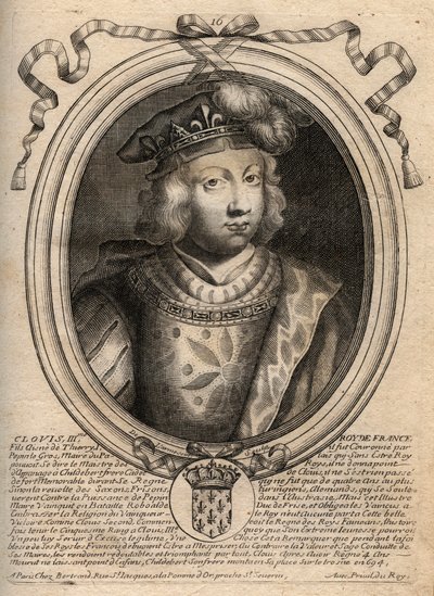 Portret Clovisa III, króla franków od 691 do 695 - CLOVIS III Merowingów króla Neustrii i Austrazji - rycina z 