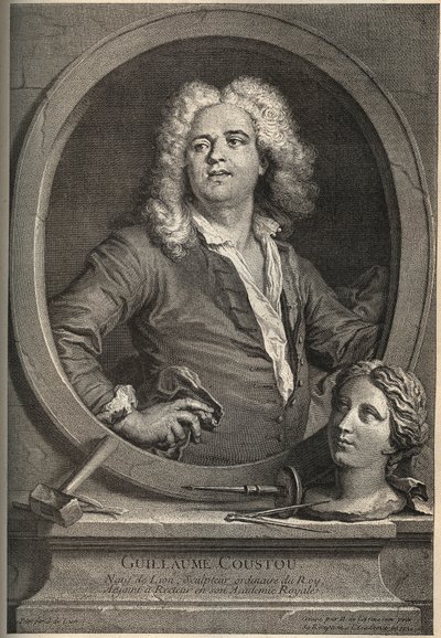 Portret Guillaume Coustou (1677-1746) francuskiego rzeźbiarza - rycina Larmessina wg J.de Liena autorstwa de Larmessin