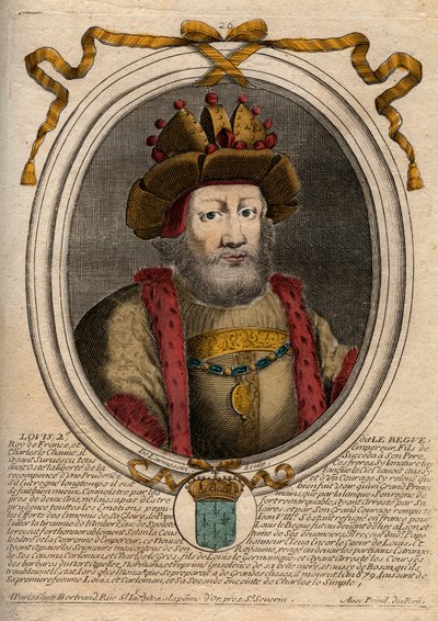 Portret Ludwika II Begue lub Faineant (846 - 879), Króla Franków - Ludwik II The Stammerer 848 do 879 - rycina z 