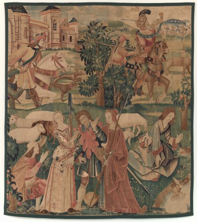 Sceny myśliwskie i pasterskie, z roześmianym mężczyzną między paniami autorstwa design probably French 16th Century, Paris; woven in southern Netherlands or Paris in an undetermine workshop