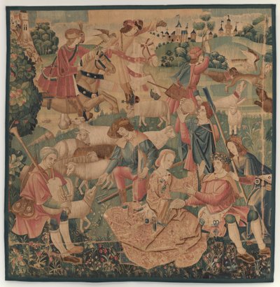 Sceny myśliwskie i pasterskie, z bohaterem owiniętym między damami autorstwa design probably French 16th Century, Paris; woven in southern Netherlands or Paris in an undetermine workshop