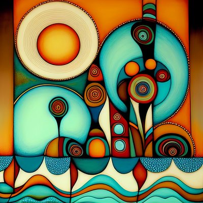 Abstrakcyjna plaża, falujące morze i wiatr, inspirowana Hundertwasserem, grafikami artystycznymi autorstwa F. Abderrahim