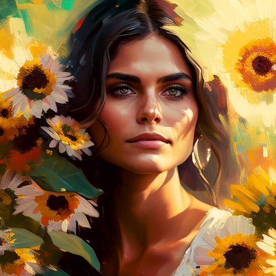 Abstrakcyjny piękny portret meksykańskiej kobiety i słoneczniki, grafika ścienna | Obrazy na płótnie autorstwa F. Abderrahim
