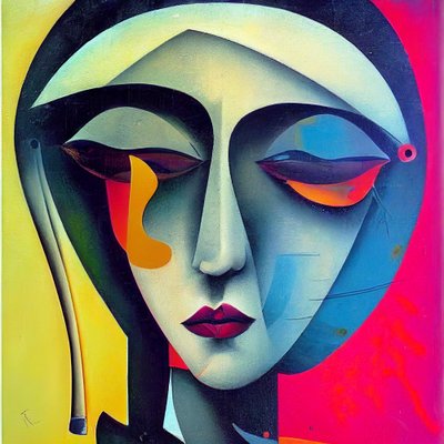 Smutna twarz kobiety w abstrakcyjnym malarstwie figuratywnym, Wall Art | Obrazy na płótnie autorstwa F. Abderrahim