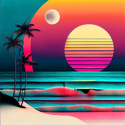 Zachód słońca nad plażą i palmami, grafika ścienna | Obrazy na płótnie autorstwa F. Abderrahim