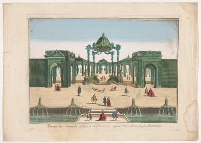 Widok na pergolę i fontanny ogrodu króla Danii Prospectus superbi aedifitii salientium aquarum in hortis regis Danorum (tytuł na obiekcie) autorstwa familie Remondini (attributed to)