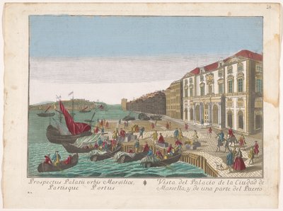 Gezicht op het Stadhuis en de haven te Marseille Widok na Pałac Miejski w Marsylii i część portu (tytuł na obiekcie) autorstwa familie Remondini (attributed to)