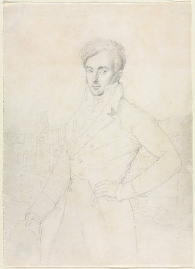 Portret młodego mężczyzny stojącego na Kwirynale z Turris Comitum w tle autorstwa follower of Jean Auguste Dominique Ingres