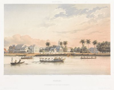 Dom rządowy i plac w Paramaribo Widoki z holenderskich Indii Zachodnich (tytuł serii) autorstwa jonkheer Jacob Eduard van Heemskerck