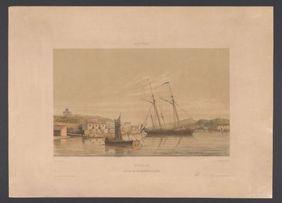 Port w Willemstad Curaçao. Miejsce cumowania okrętów wojennych w porcie (tytuł na obiekcie) Indie Zachodnie (tytuł serii na obiekcie) Widoki z holenderskich Indii Zachodnich (tytuł serii) autorstwa jonkheer Jacob Eduard van Heemskerck