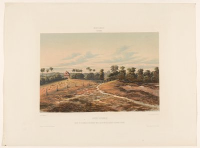 Sawanna żydowska Żydzi Savannah. Widok synagogi i cmentarza od strony kordonpadu wojskowego (tytuł na obiekcie) autorstwa jonkheer Jacob Eduard van Heemskerck