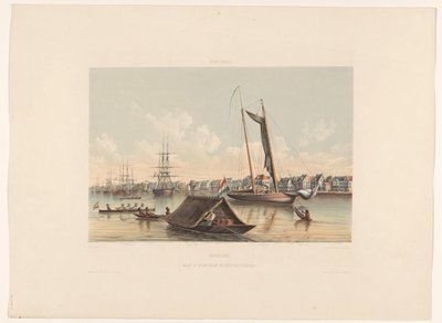 Nabrzeże i reda w Paramaribo Surinam. Widok na Waterkant i redę Paramaribo (tytuł na obiekcie) autorstwa jonkheer Jacob Eduard van Heemskerck