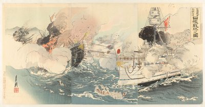 De Japanse marine verwoest chiński slagschepen nabij Dagushan Nisshin sensô Daikosan oki Shinkan gekichin no zu autorstwa Ôkura Kôtô