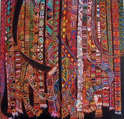 Backstrap weaving, 2014 (mieszane, akryl, tusz, olej) autorstwa linda arthurs