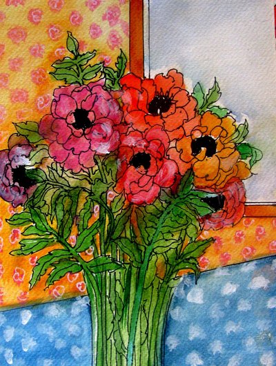 Kwiaty w wazonie, 2014 (akwarela, tusz) autorstwa linda arthurs