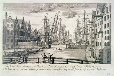 Widok Mołtawy z mostu Krowa, z „Pięćdziesięciu widoków Gdańska”, sztych. Mattheaus Deisch (1724-89) 1761-65 (akwaforta) autorstwa or Lormann Friedrich Anton (after) Lohrmann