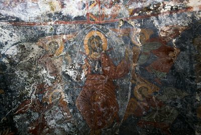 Chrystus z aniołami i świętym, fresk w kościele Panagia, Kitiros, Kreta, Grecja (zdjęcie) autorstwa Theodore Charles Ange Coquelin