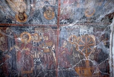 Fresk o tematyce religijnej, autorstwa Ioannisa Pagomenosa, fresk w bizantyjskim kościele św. Jerzego, Anidri, Kreta, Grecja (zdjęcie) autorstwa Theodore Charles Ange Coquelin