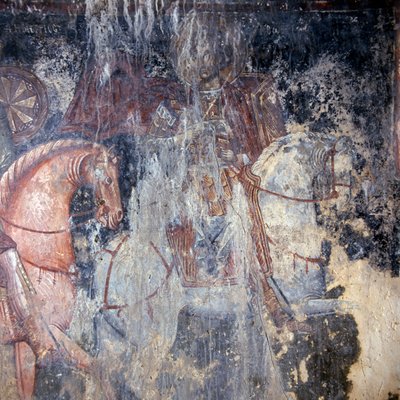 Święty na koniu, fresk w kościele w Palaia Roumata, Kreta, Grecja (zdjęcie) autorstwa Theodore Charles Ange Coquelin